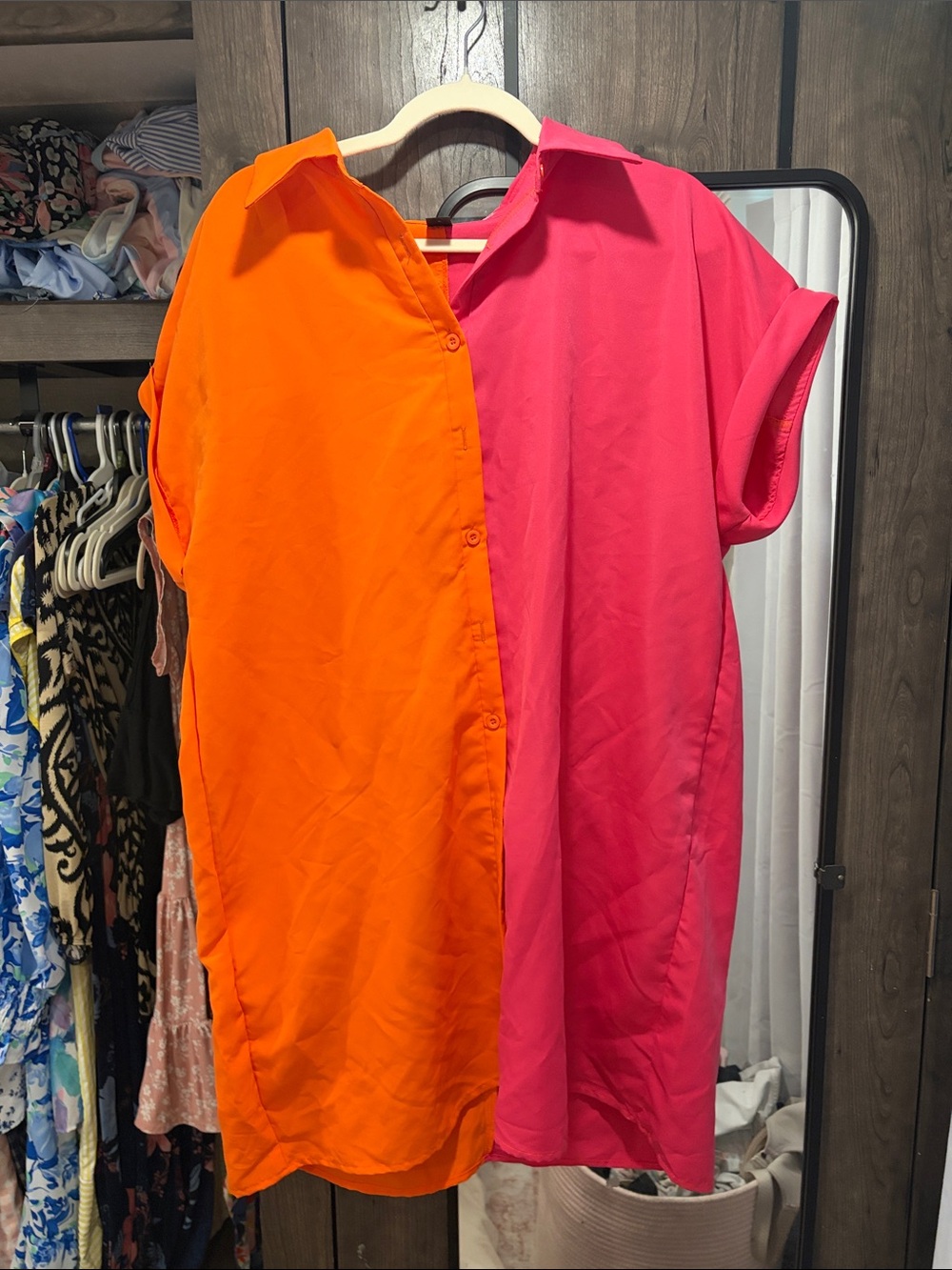Two-Tone Orange & Pink Button-Front Women's Dress